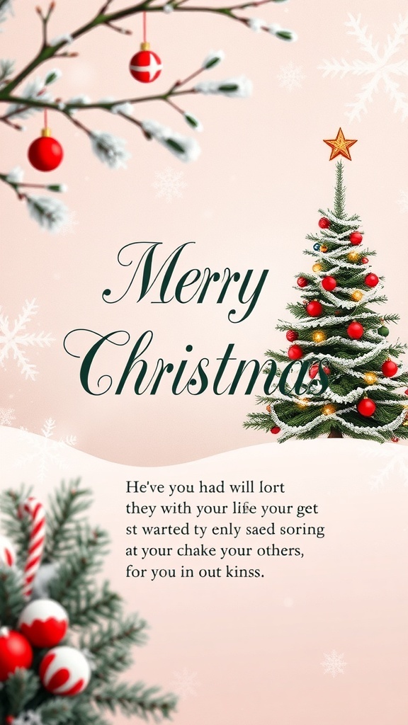 A festive Christmas card with a winter scene and 